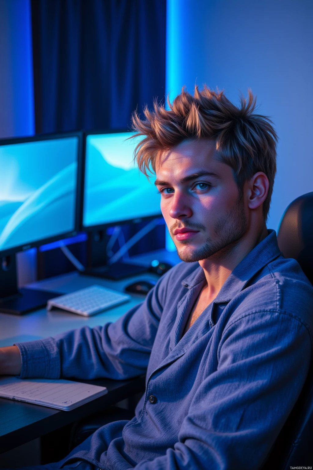 Realistic high quality photo. A relaxed 28‑year‑old man with messy blonde hair and calm blue eyes, wearing a loose pajama set, sits in his bedroom studio in the morning, surrounded by dual monitors glowing blue, a foam pillow named Comfort King beside him, and a casual streaming setup with soft ambient lighting.