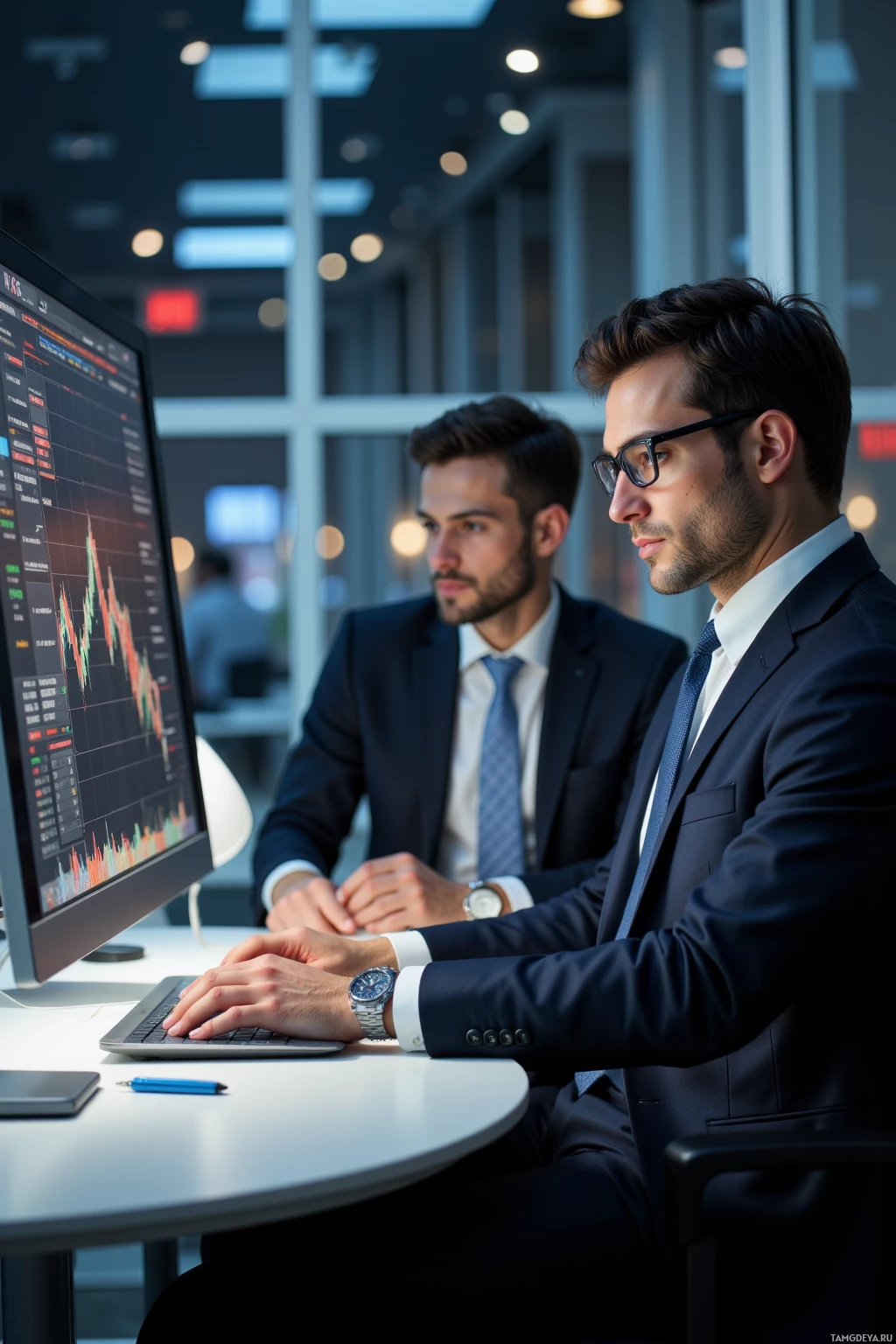 Two men in suits are working at a desk with a computer displaying financial charts.