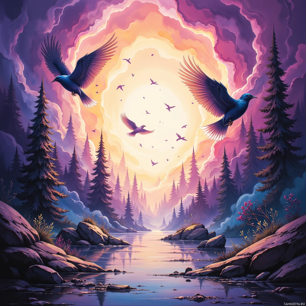 A serene landscape with tall pine trees, a calm river, and birds flying against a vibrant sunset sky.