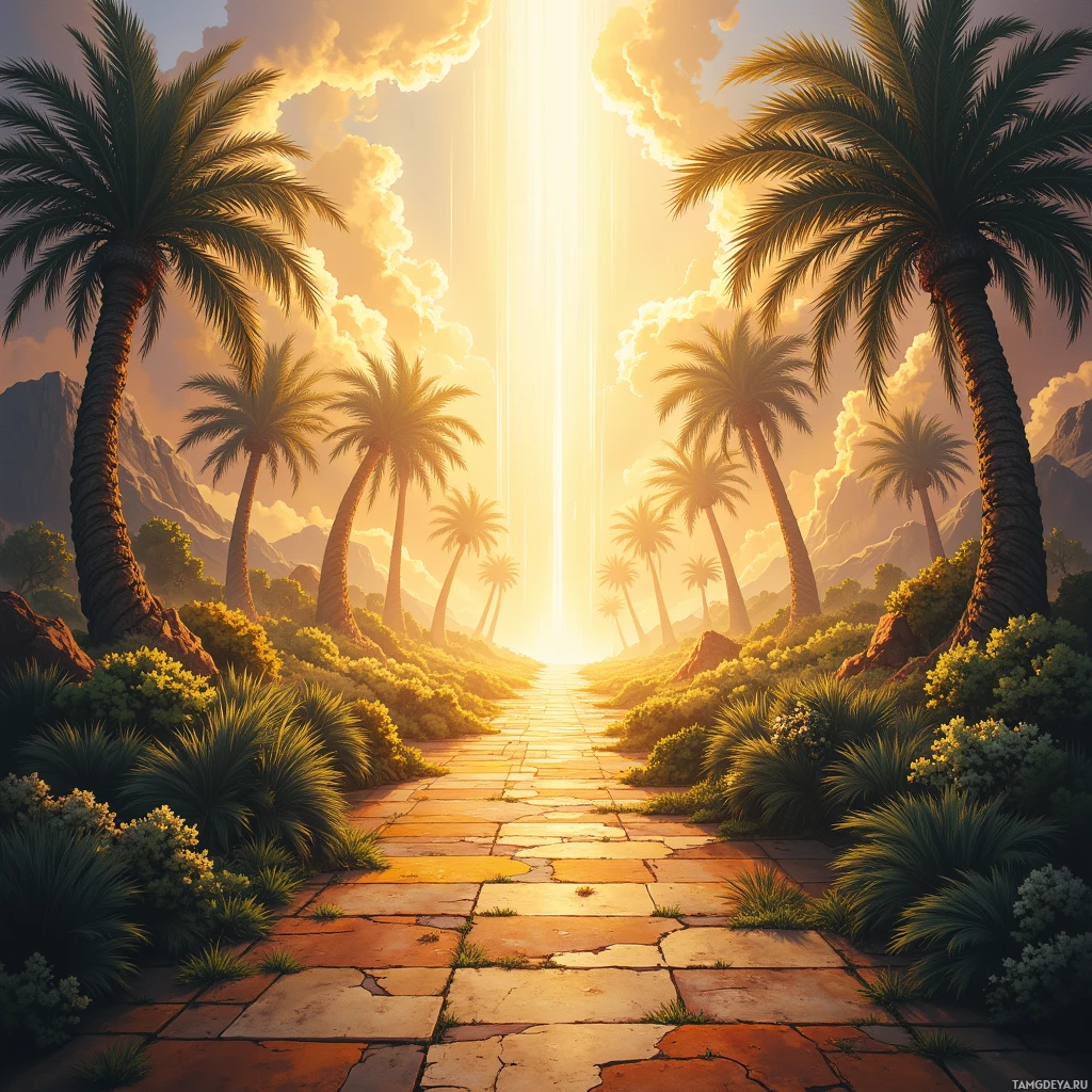 A serene pathway lined with palm trees leads towards a bright sunlit horizon under a partly cloudy sky.
