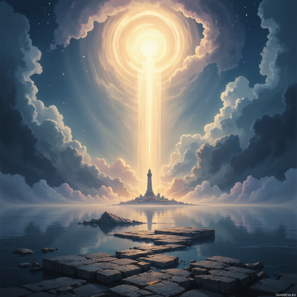 A serene scene featuring a lighthouse on a rocky island with a radiant light beam piercing through the clouds.