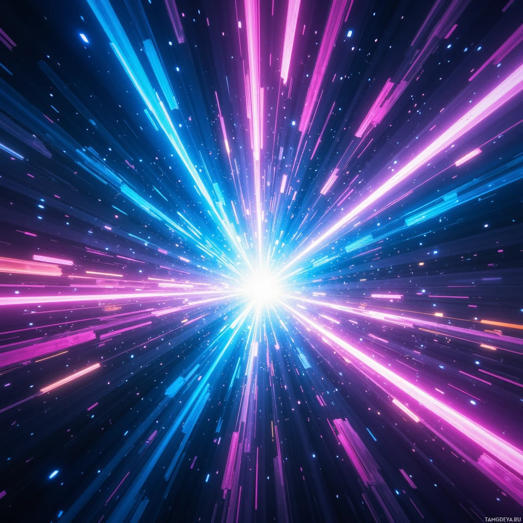 A vibrant cosmic scene with streaks of light radiating outward in blue and pink hues against a dark background.