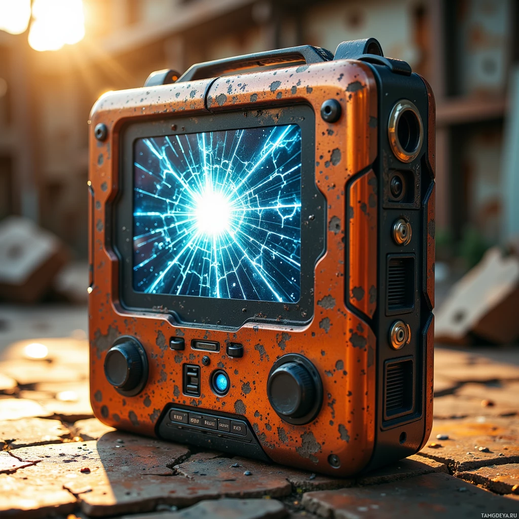 A rugged, orange, weathered device with a cracked screen and various controls sits on a cobblestone surface.