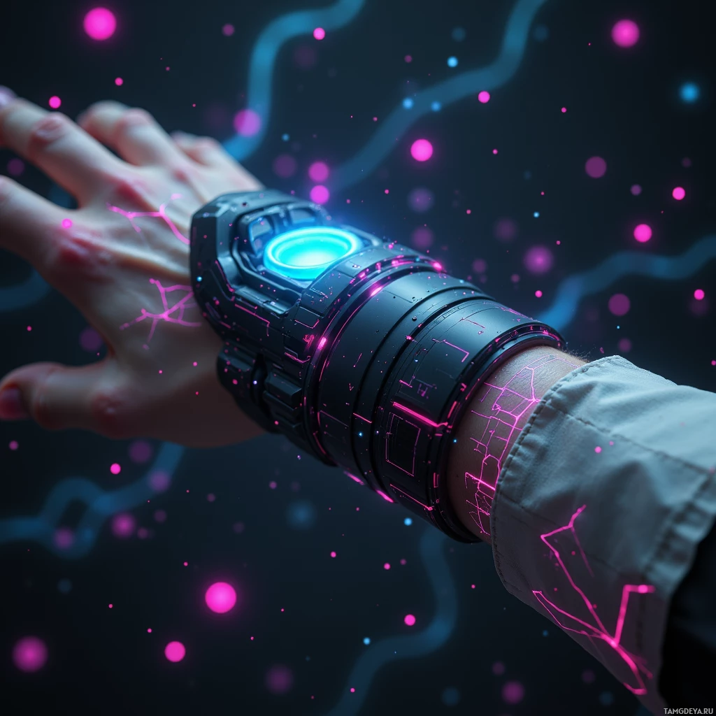 A futuristic wrist device with glowing blue and pink lights.
