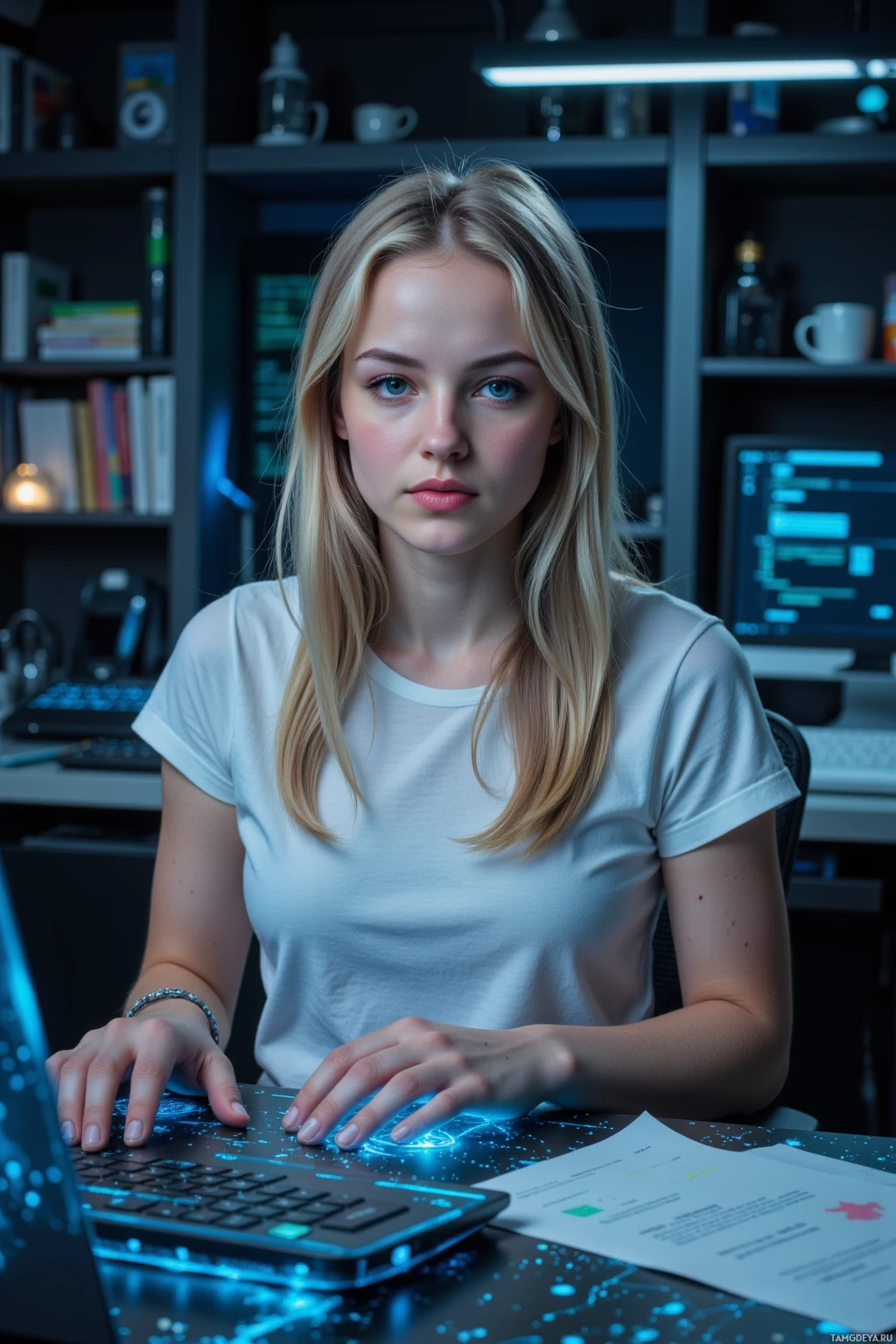 A person with long blonde hair sits at a desk, typing on a laptop with glowing blue lights.