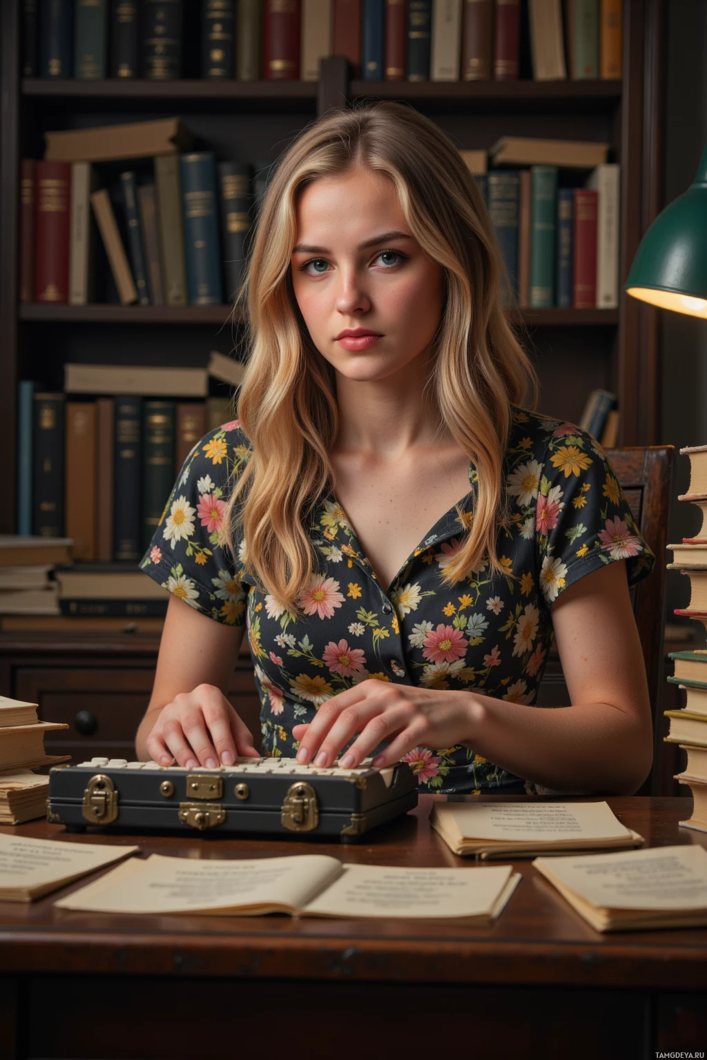 A young woman in a floral dress sits at a desk surrounded by books, typing on a vintage typewriter.