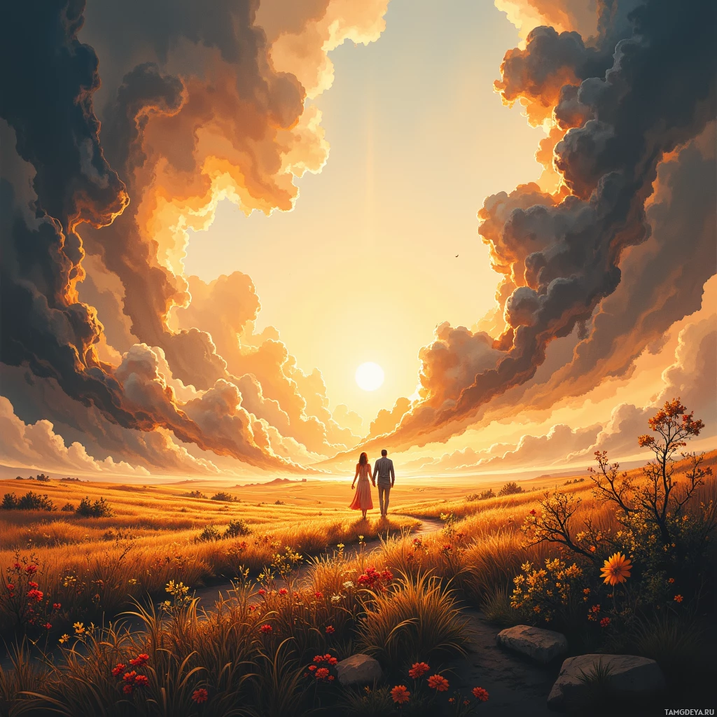 A couple walks hand in hand through a field at sunset under dramatic clouds.