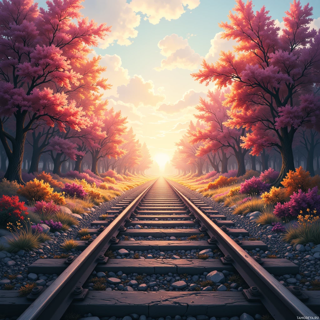 A serene railway track stretches into a vibrant, colorful forest under a bright sky.