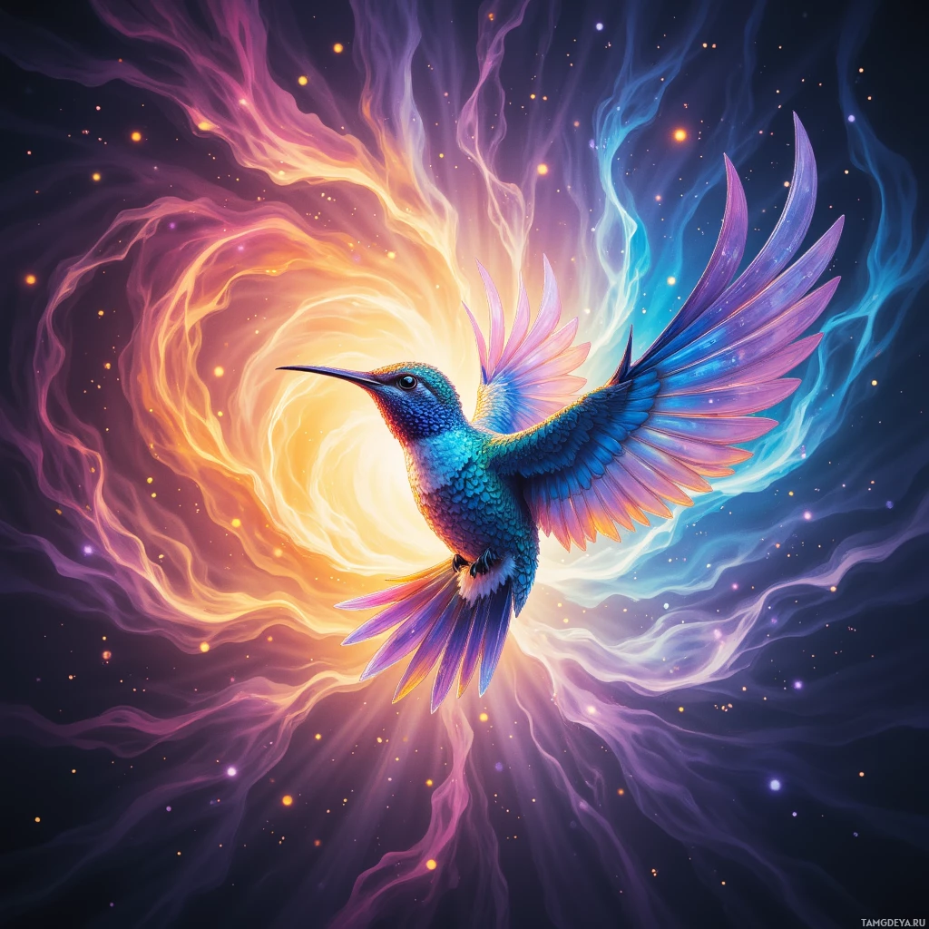 A vibrant hummingbird with iridescent feathers soars amidst swirling cosmic energy and glowing particles.