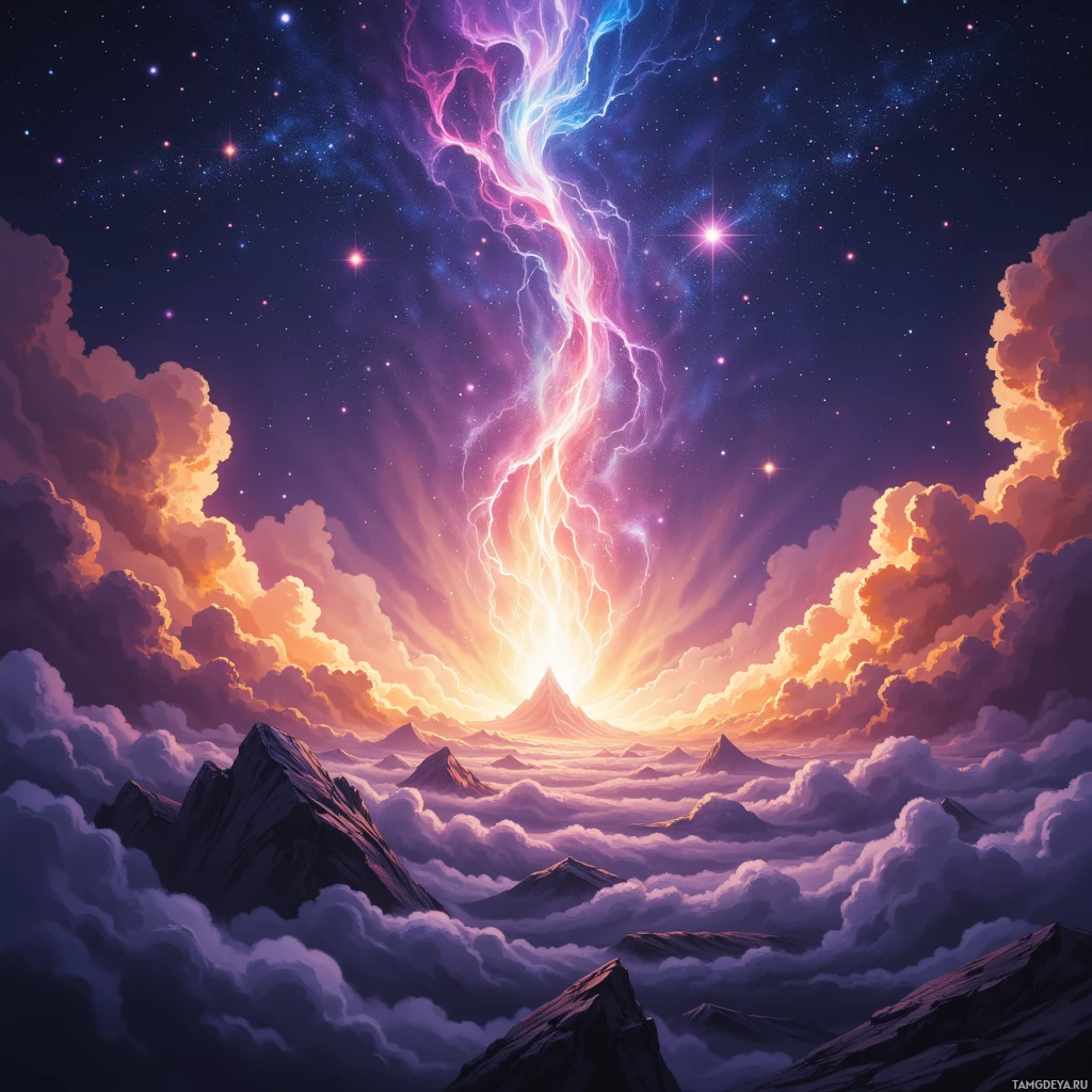 A vibrant night sky with lightning, stars, and a mountainous landscape.