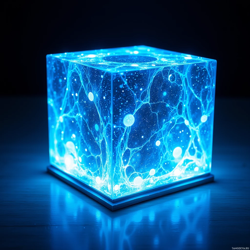 A glowing blue cube with intricate, glowing patterns inside, resting on a reflective surface.