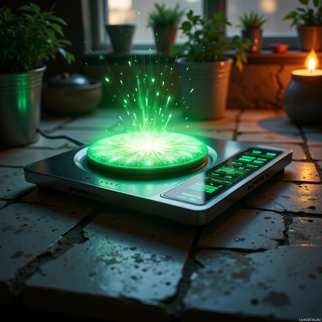 A glowing green device with sparks emits light on a tiled surface near potted plants and a lit candle.