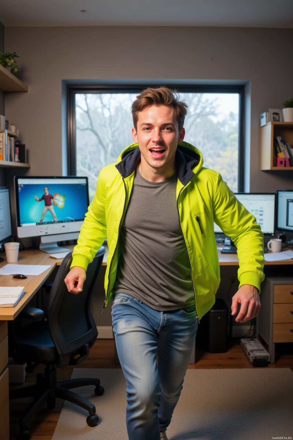 A person in a bright green jacket and jeans stands in a home office setting.