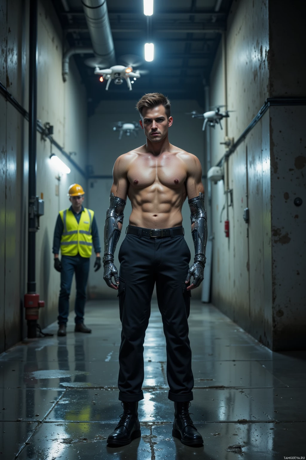 A muscular individual with cybernetic arms stands in an industrial corridor, while drones hover above and another person wearing safety gear is seen in the background.