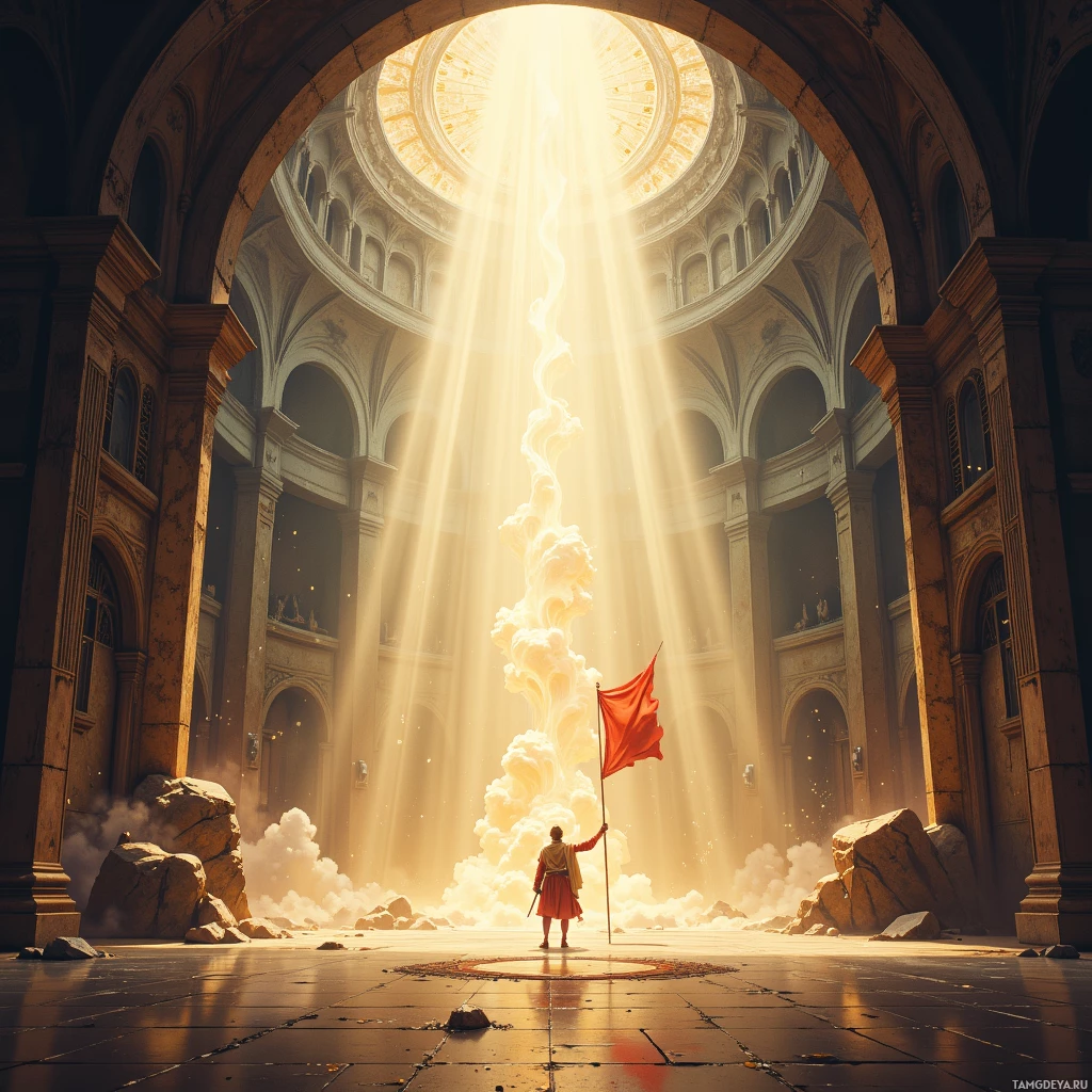 A figure stands in an ancient hall holding a red flag amidst swirling smoke and beams of light from above.