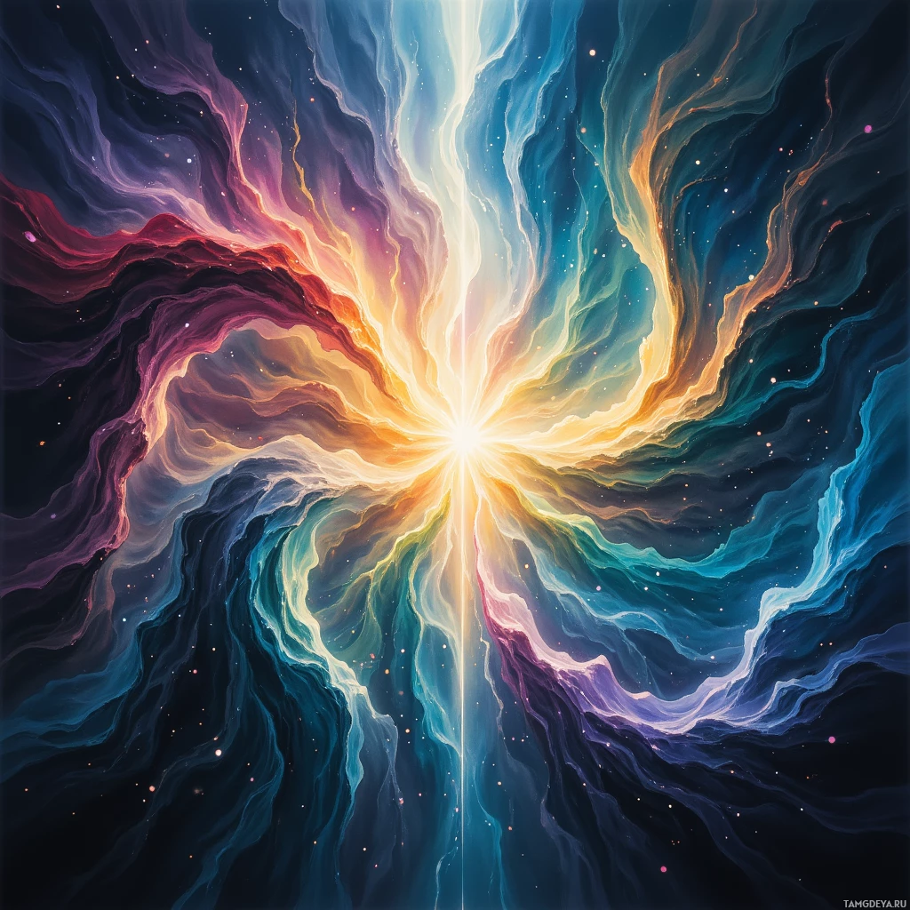 A vibrant cosmic explosion with swirling colors and a bright central light.