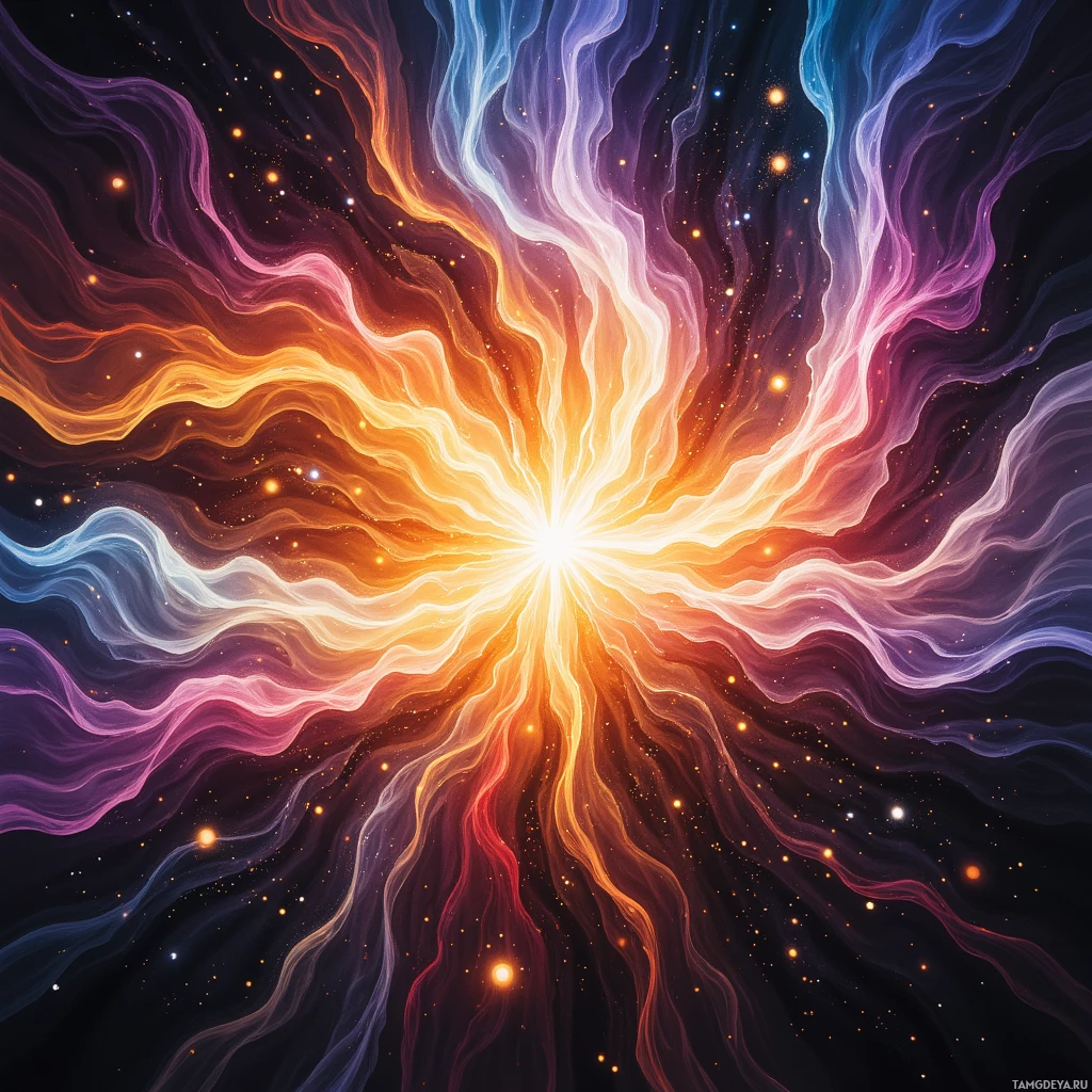 A vibrant cosmic scene with swirling energy and glowing particles.