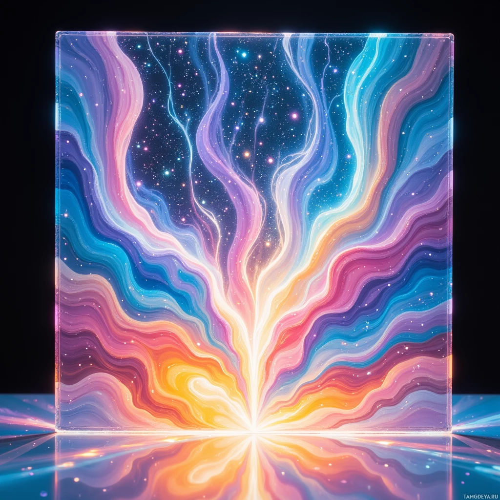 A vibrant, abstract image featuring swirling patterns of blue, purple, and orange hues against a starry background.