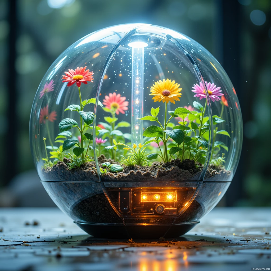A spherical terrarium with colorful flowers and greenery inside is illuminated from within by small lights.