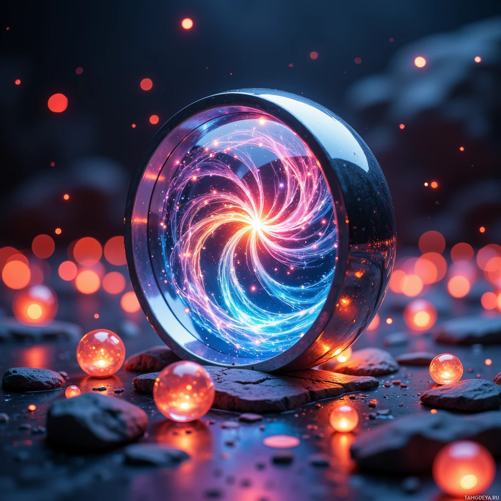 A glowing, swirling light within a reflective sphere surrounded by glowing orbs and dark stones.