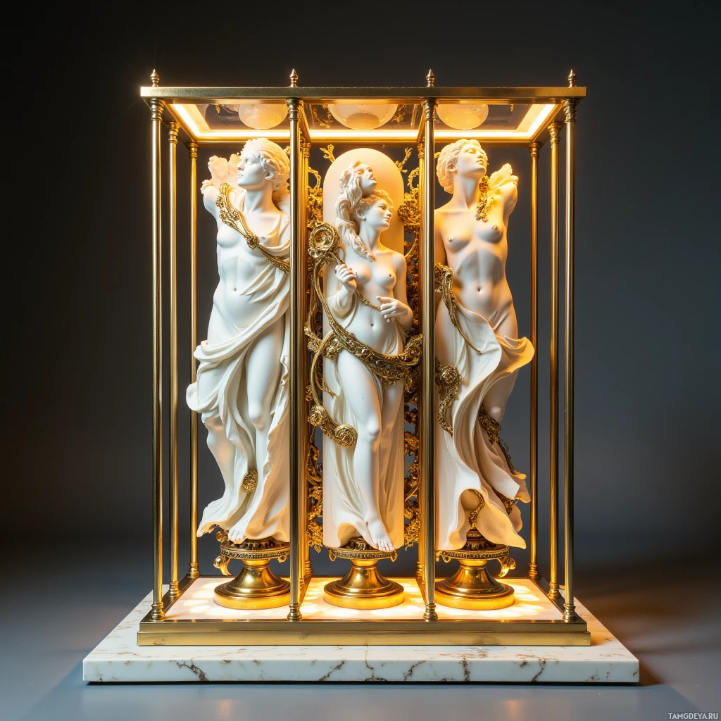 Semi-abstract image with many light, that is suitable for the post:  A kinetic sculpture with a polished brass frame and precision joints, interchangeable white marble panels displaying Michelangelo’s David, Botticelli’s Venus, and abstract forms, sliding silently to reveal each artwork, featuring visible brass gears and delicate mechanisms.