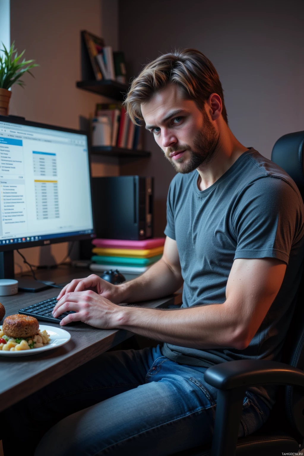 Realistic high quality photo. male, 32, Man with light brown short hair, blue eyes, wearing a gray t-shirt and fitted blue jeans sits at his home office desk late evening, surrounded by color‑coded lunch containers on the counter, an open laptop displaying a perfectly balanced quarterly budget spreadsheet, a gaming console with controller beside him, and a small plate of reheated leftovers; he calmly places a mouse back into its spot, reflecting a relaxed efficient routine under soft evening lighting.