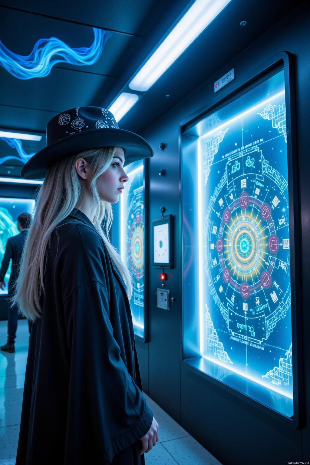 A person wearing a hat stands in a futuristic setting, looking at a glowing display.