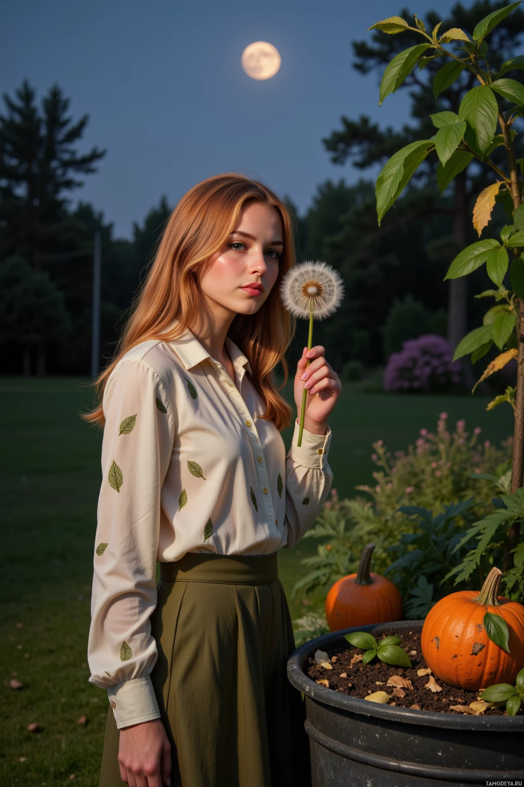 A person stands outdoors holding a dandelion in front of them with pumpkins and greenery around.