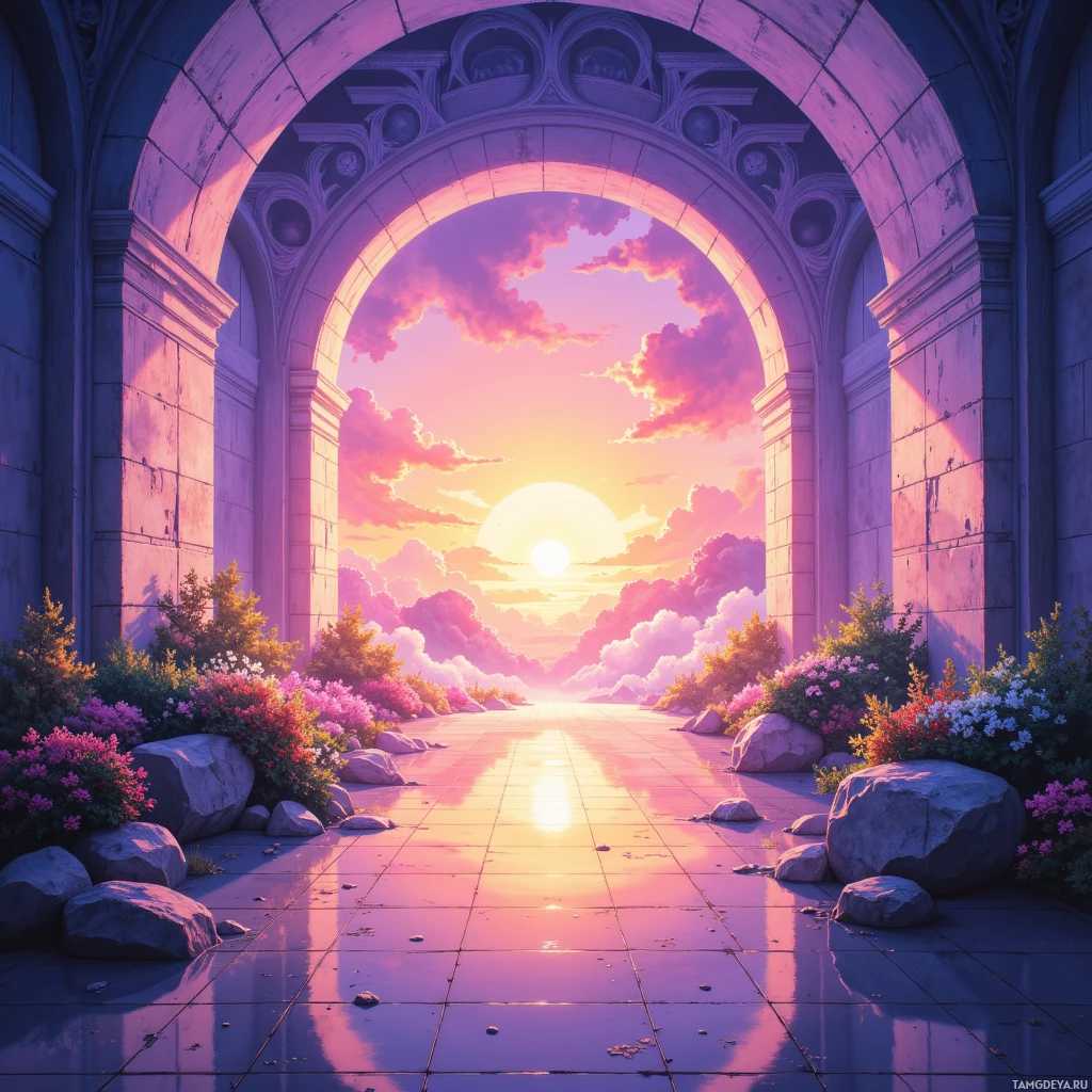 A serene sunset scene framed by an ornate archway with a pathway leading into the distance.