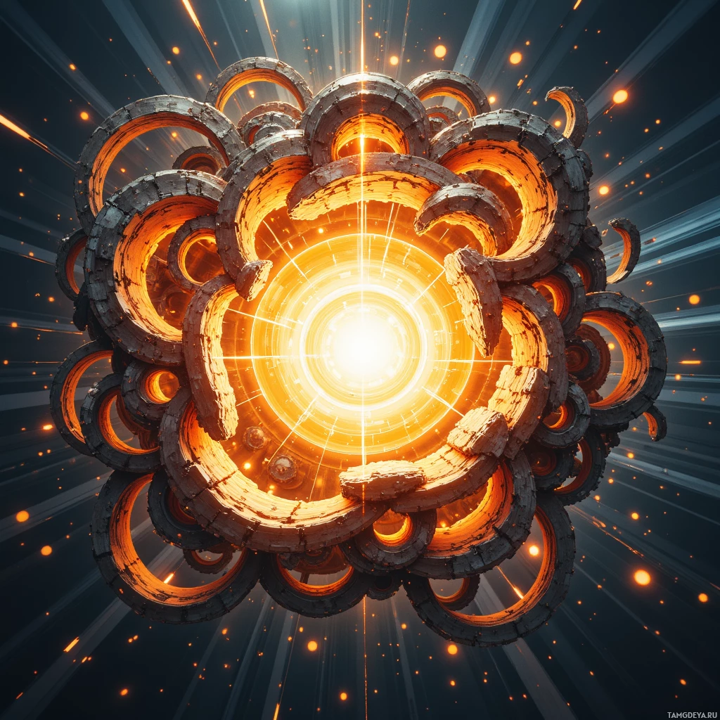 A glowing, intricate structure composed of interlocking rings and beams of light.