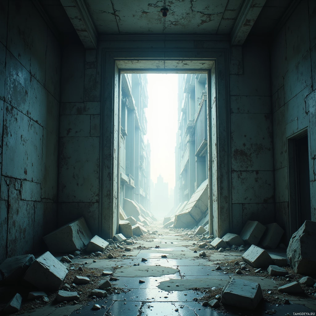 A dilapidated interior leads to an open doorway with sunlight streaming through, revealing a cityscape beyond.