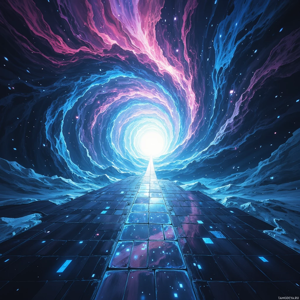 A glowing path leads through a cosmic tunnel with swirling nebulae and stars.