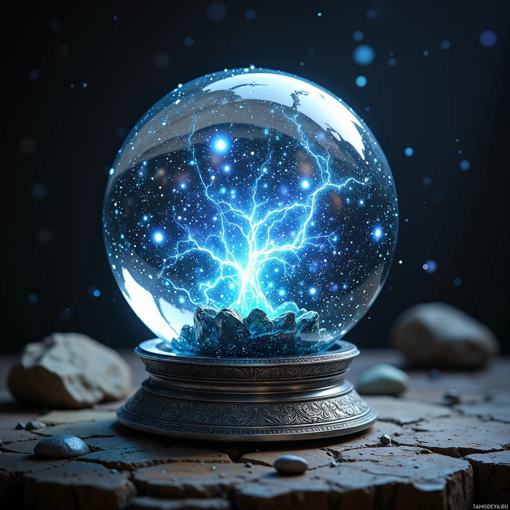 A glowing crystal ball with lightning and stars inside sits on a stone surface.