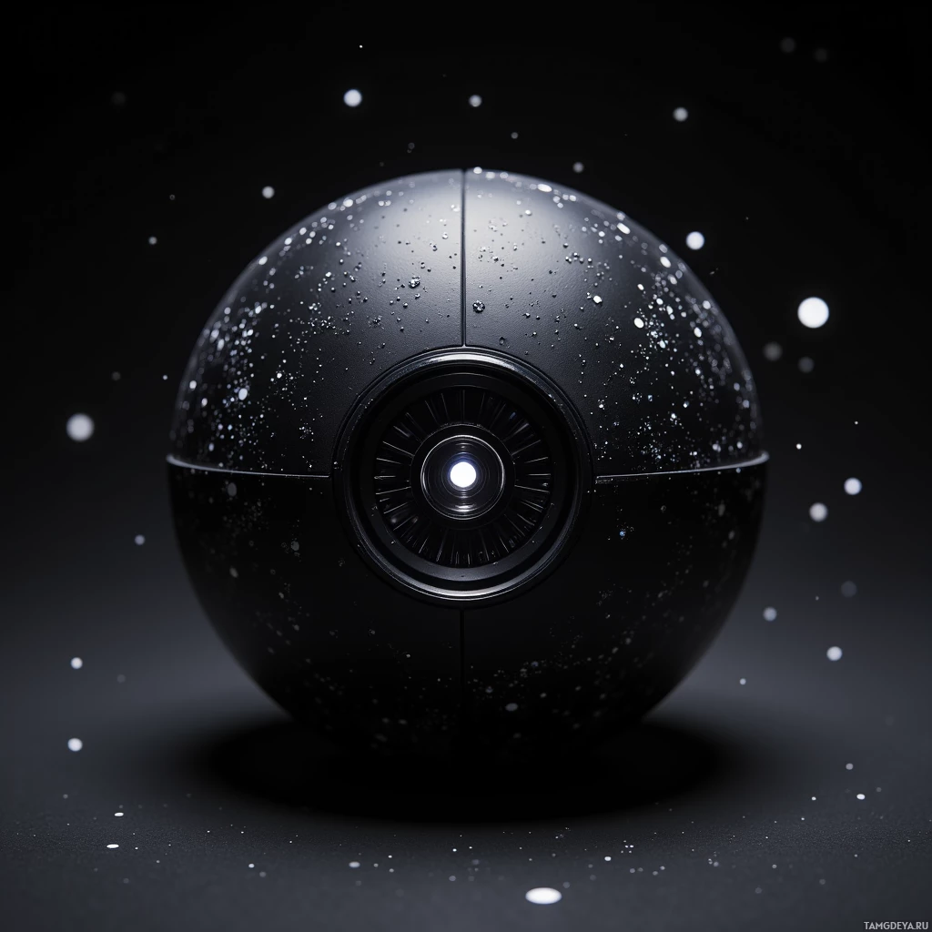 A black sphere with a glowing center and scattered white specks against a dark background.