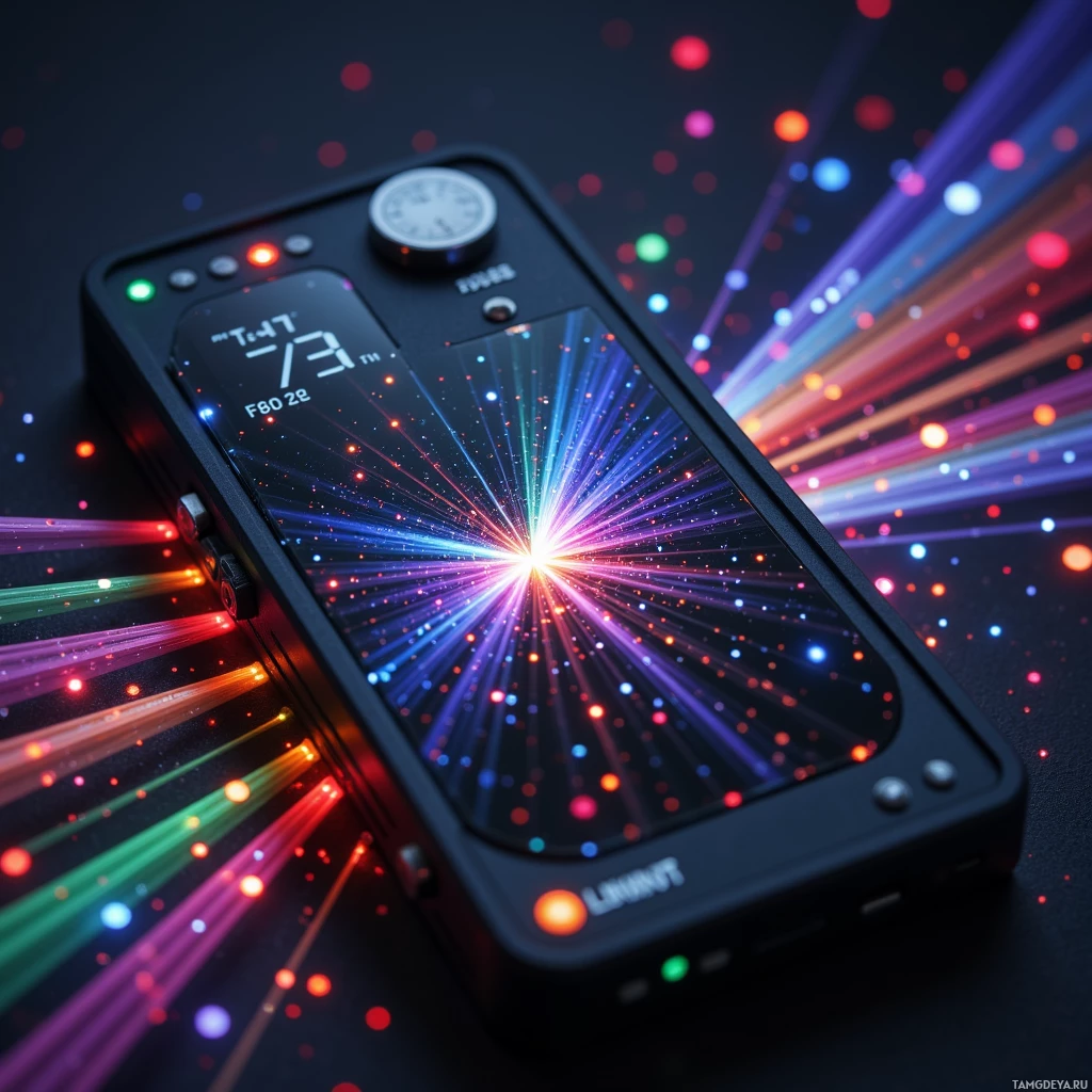 A futuristic device with a vibrant, colorful light display and digital interface.