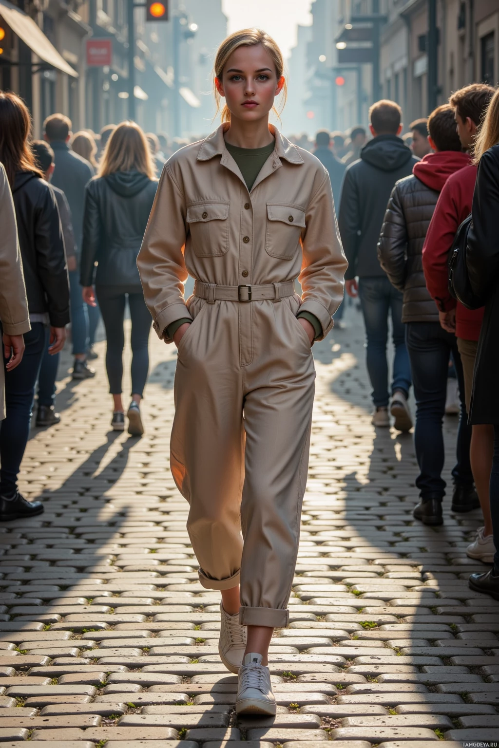 A person in a beige jumpsuit walks down a cobblestone street amidst a crowd.