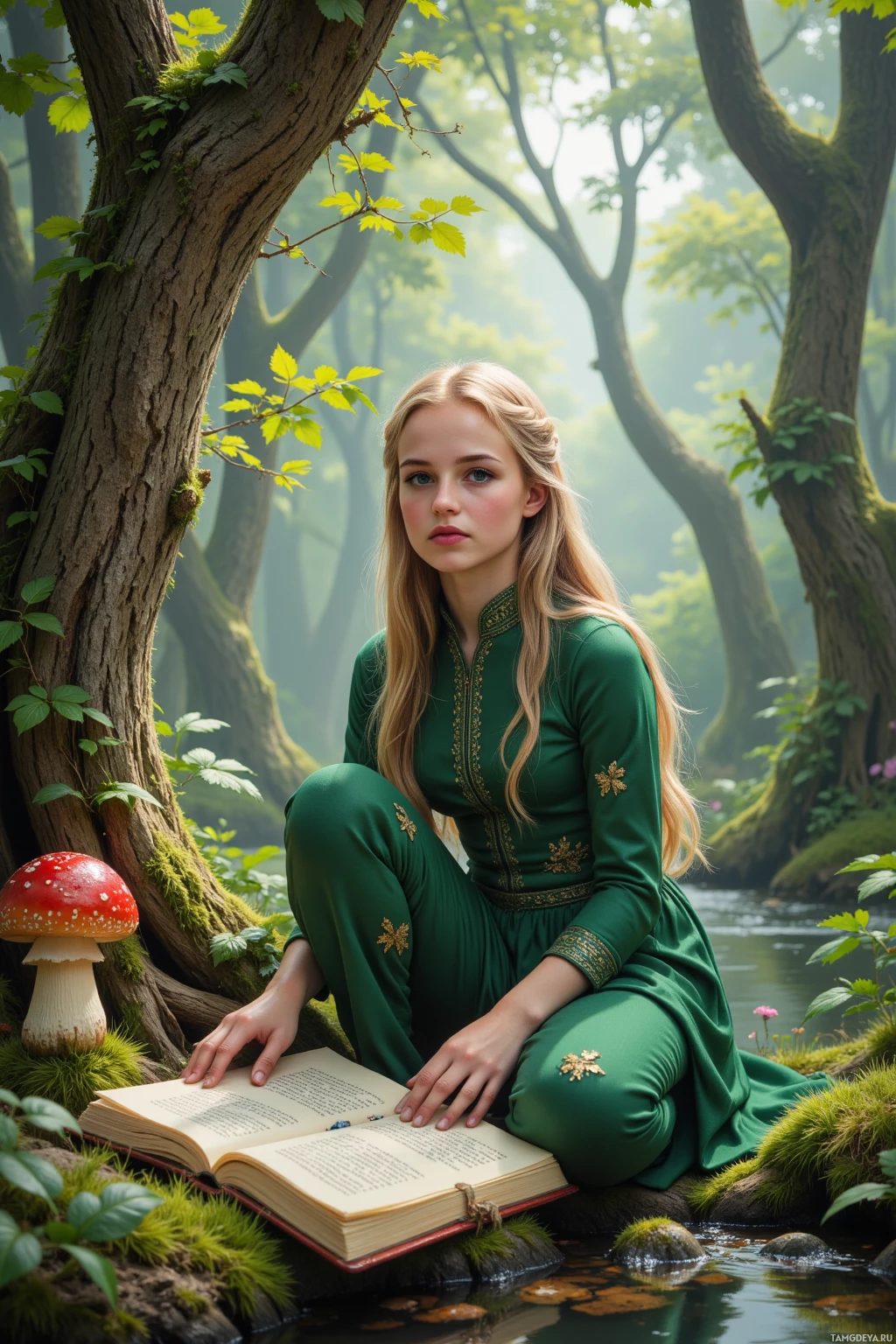 Realistic high quality photo. A young woman with long blonde braids and bright green eyes in an emerald gown with leaf embroidery kneels beside a gently flowing brook under a mossy canopy, holding a quill to record a forgotten bridge legend while a question‑mark shaped mushroom watches over the moss‑covered roots, early afternoon mist rising.