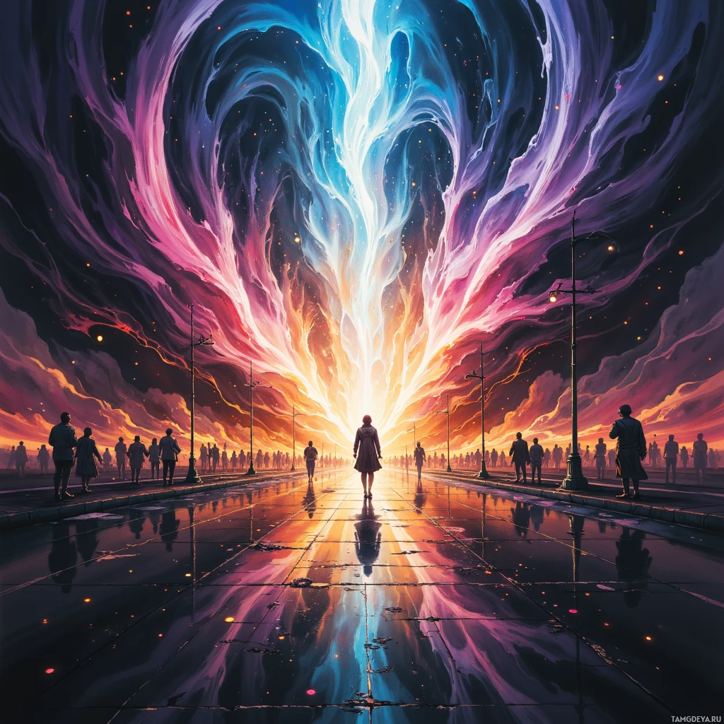 A vibrant scene with people standing on wet pavement under a dramatic sky filled with swirling colors and light beams.