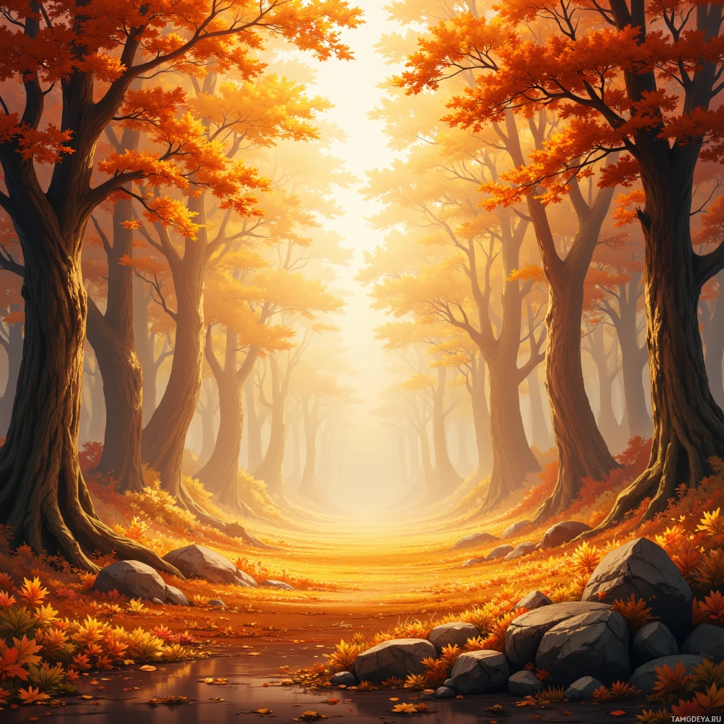 A serene autumn forest scene with golden sunlight filtering through the trees.