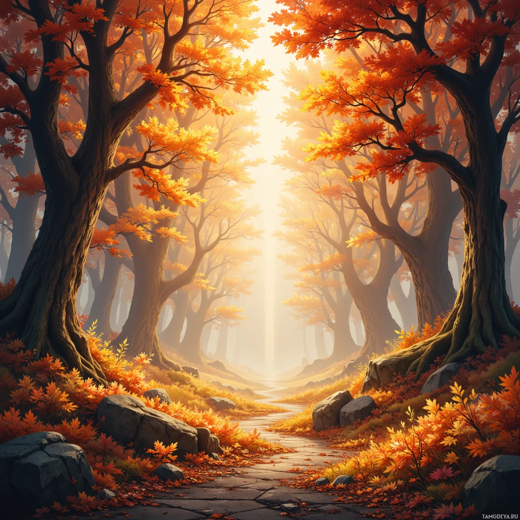 A serene autumn forest scene with a path leading through trees adorned with vibrant orange and red leaves.