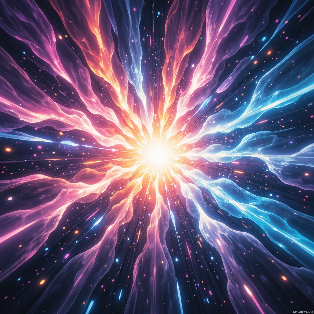 A vibrant cosmic explosion with swirling colors and bright light at the center.