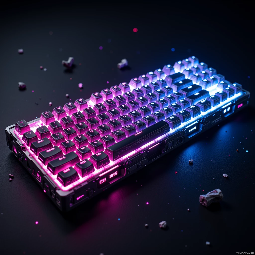 A backlit mechanical keyboard with vibrant purple and blue lighting.