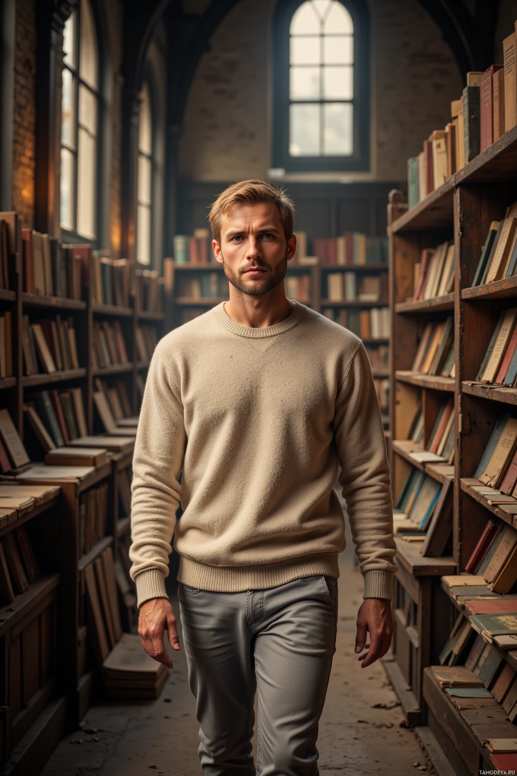 A person in a beige sweater and gray pants stands in a library aisle lined with bookshelves.