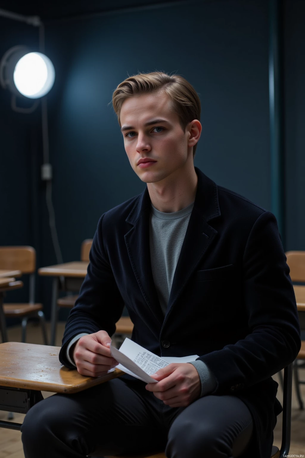 A person in a classroom setting, holding a piece of paper.