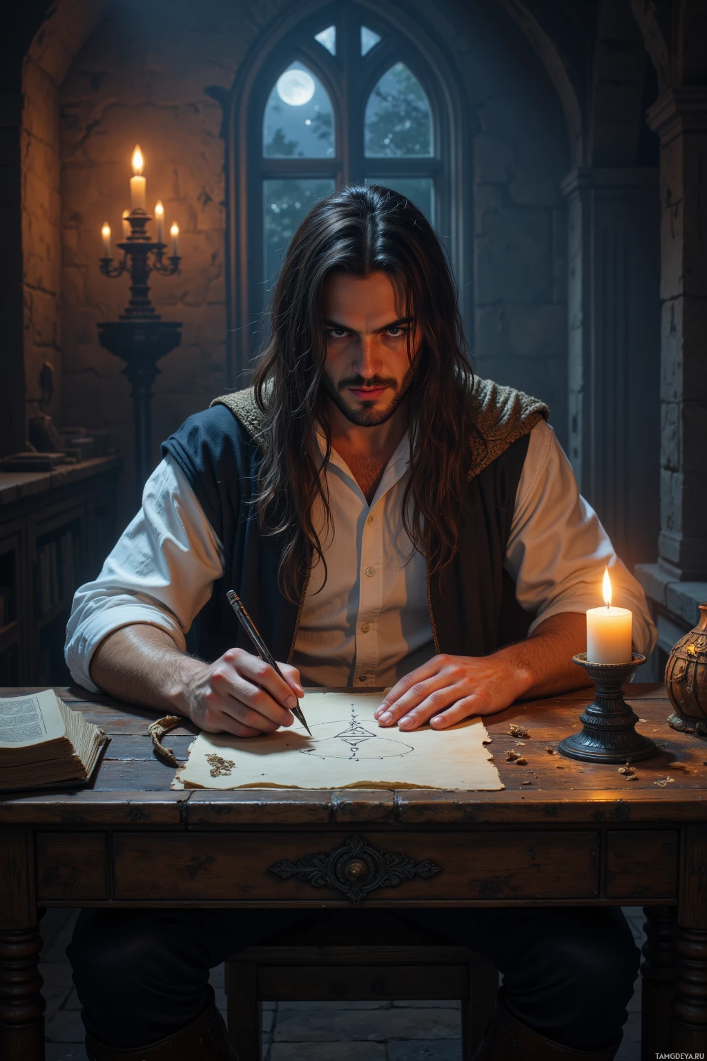 A person is seated at a wooden desk, writing with a quill pen on a piece of parchment, with a lit candle and an open book nearby.