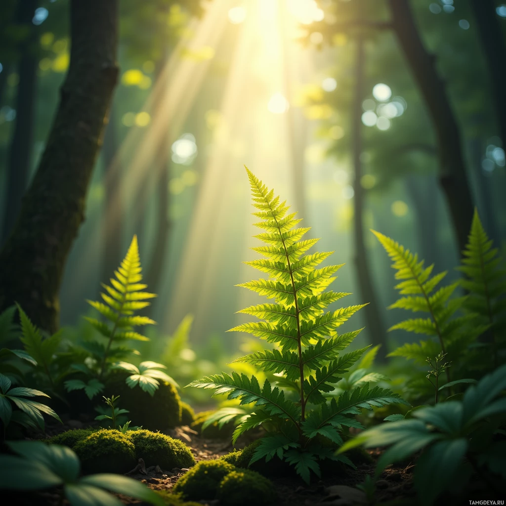 A serene forest scene with sunlight filtering through trees and illuminating lush green ferns on the forest floor.