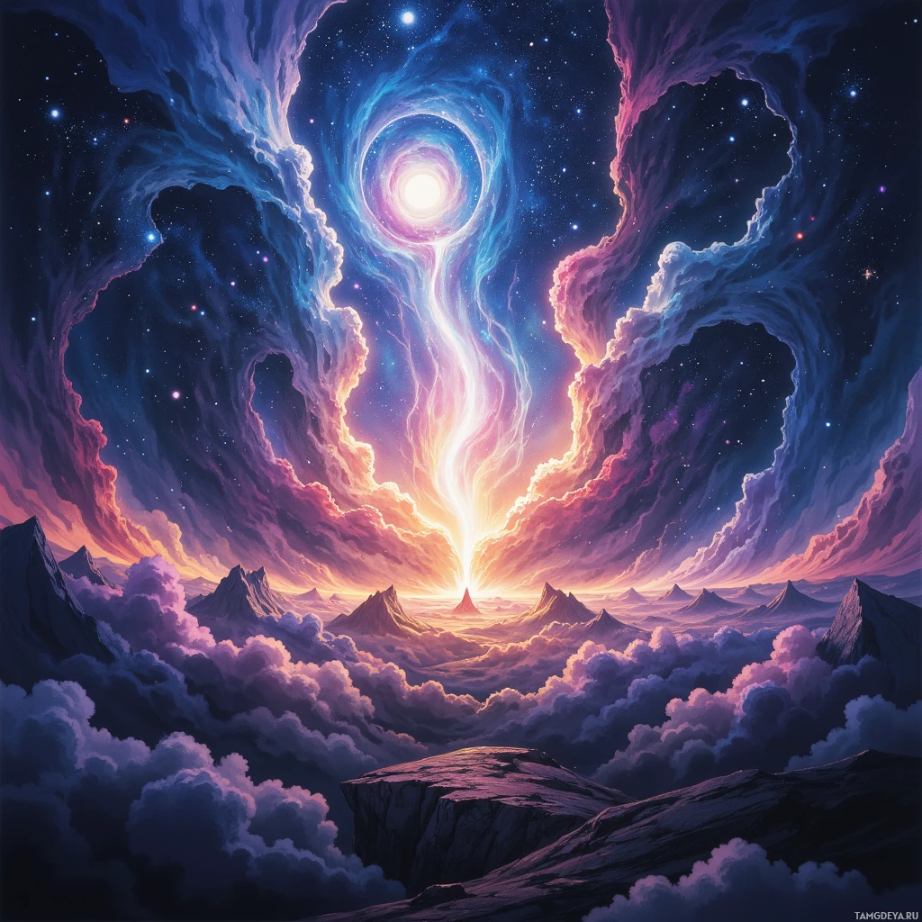 A vibrant cosmic scene with swirling clouds and a bright light source in the sky.