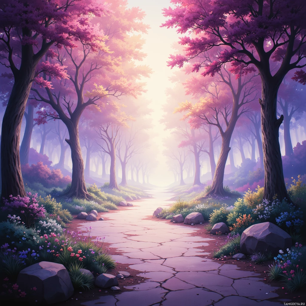 A serene forest path lined with vibrant pink and purple foliage and wildflowers.