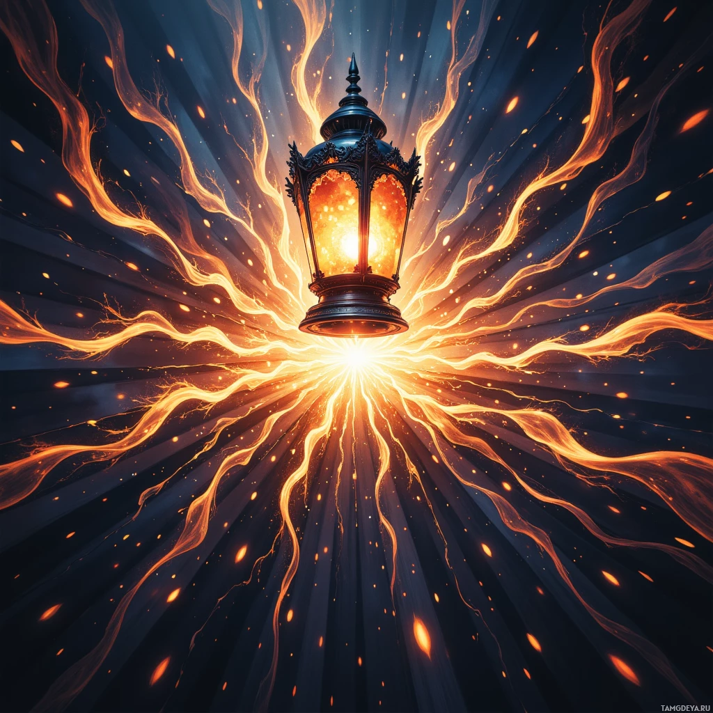A glowing lantern emits radiant, fiery tendrils and sparks against a dark background.