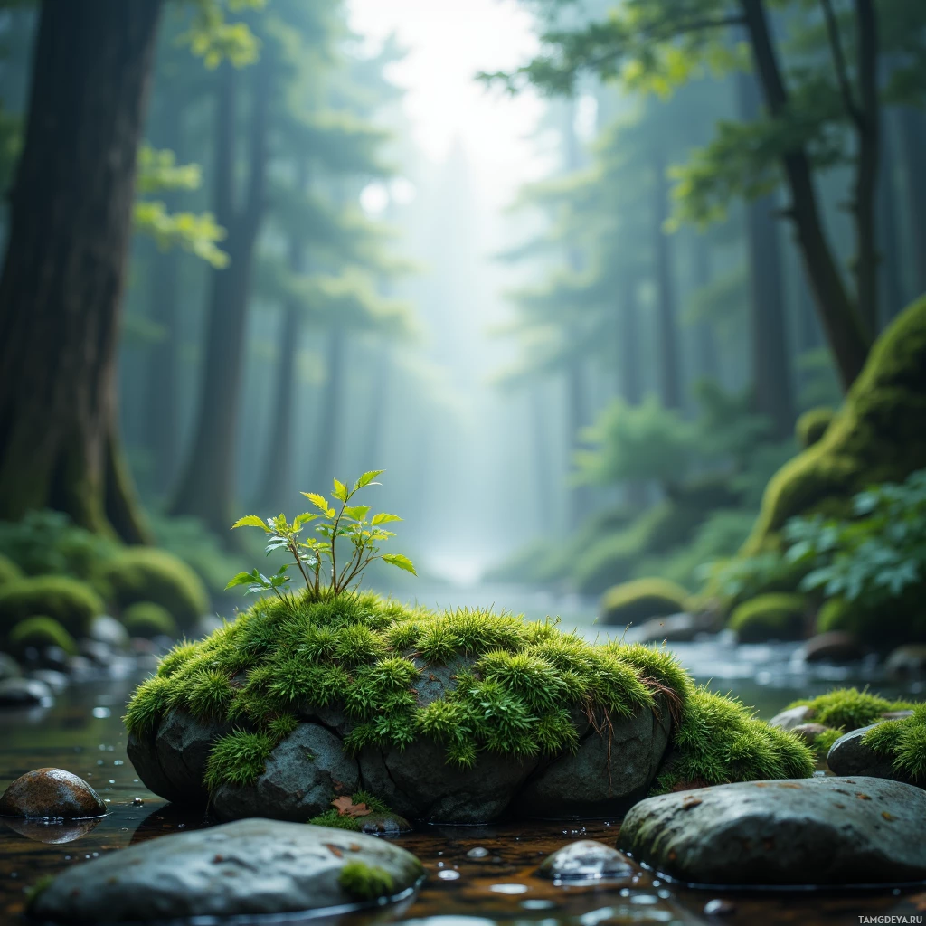 A serene forest scene with moss-covered rocks and a small plant growing in the foreground, surrounded by tall trees and soft light filtering through the misty atmosphere.
